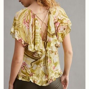 Anthropologie Watercolor Lace Up Back Ruffle Blouse Small